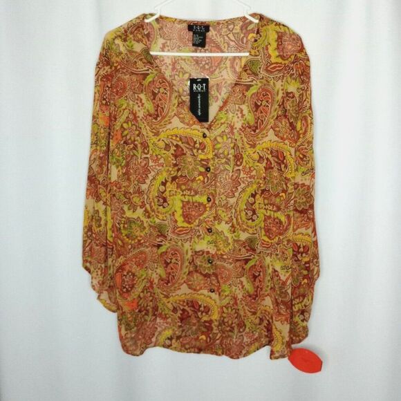 RQT Woman Tops - ⭐ RQT Woman Paisley Button Front Flowy V Neck Loose Fit 3/4 Slve Blouse NWT 1X